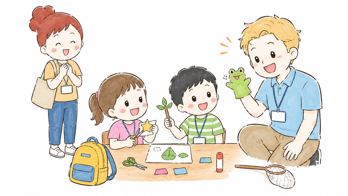 子どもが英語イベントやキャンプで活動するイラスト