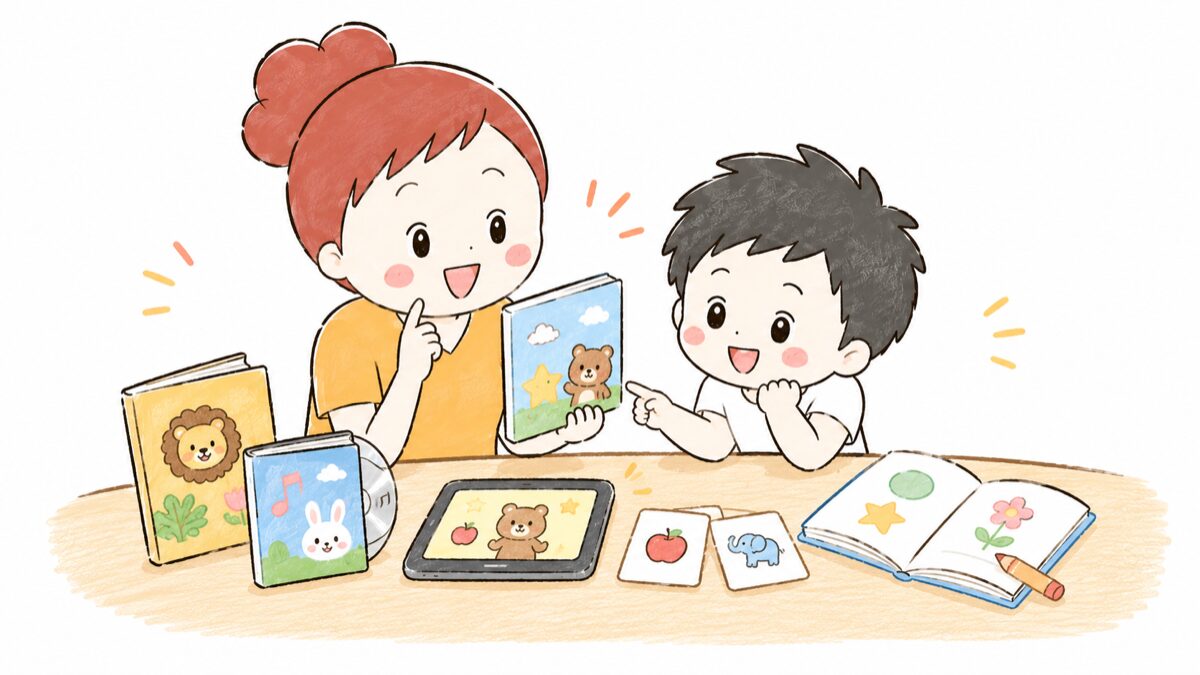 親子で英語教材を選ぶイラスト