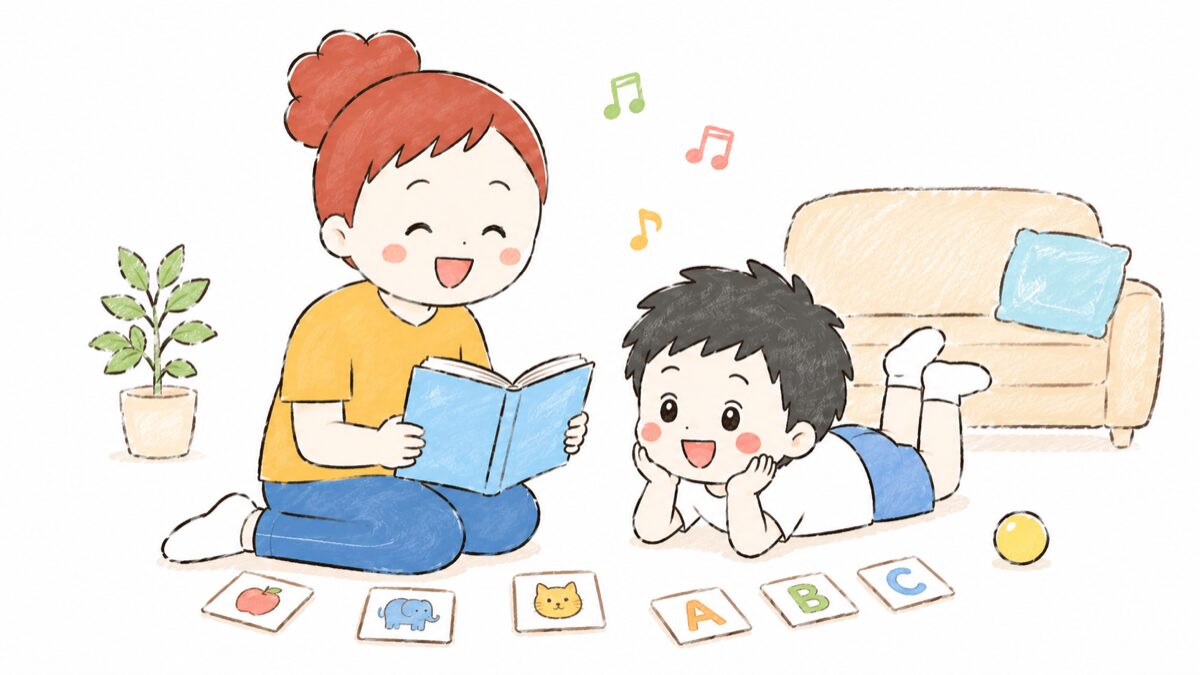 親子で絵本やカードに触れるおうち英語の始め方のイラスト