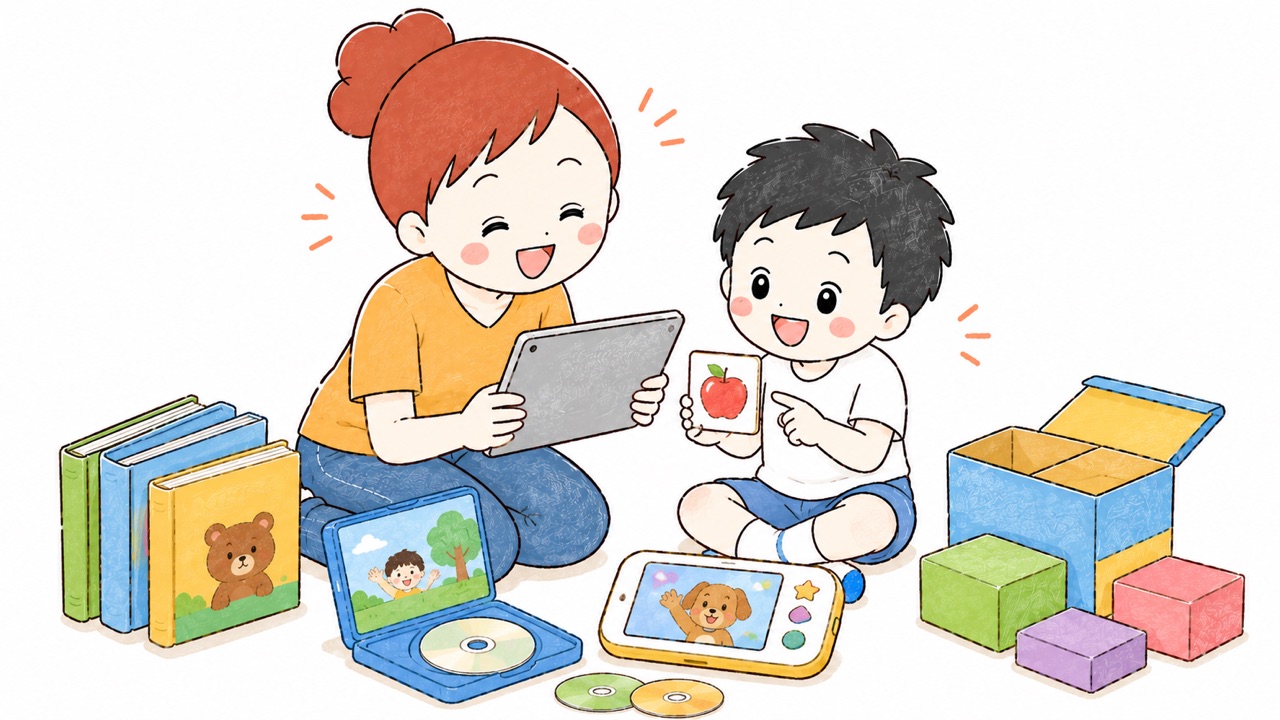 タブレットや英語教材で遊ぶごろたままと息子のイラスト