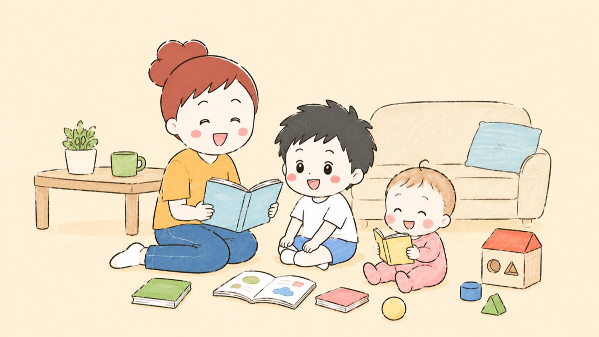 親子で英語の絵本や教材に触れるおうち英語のイラスト