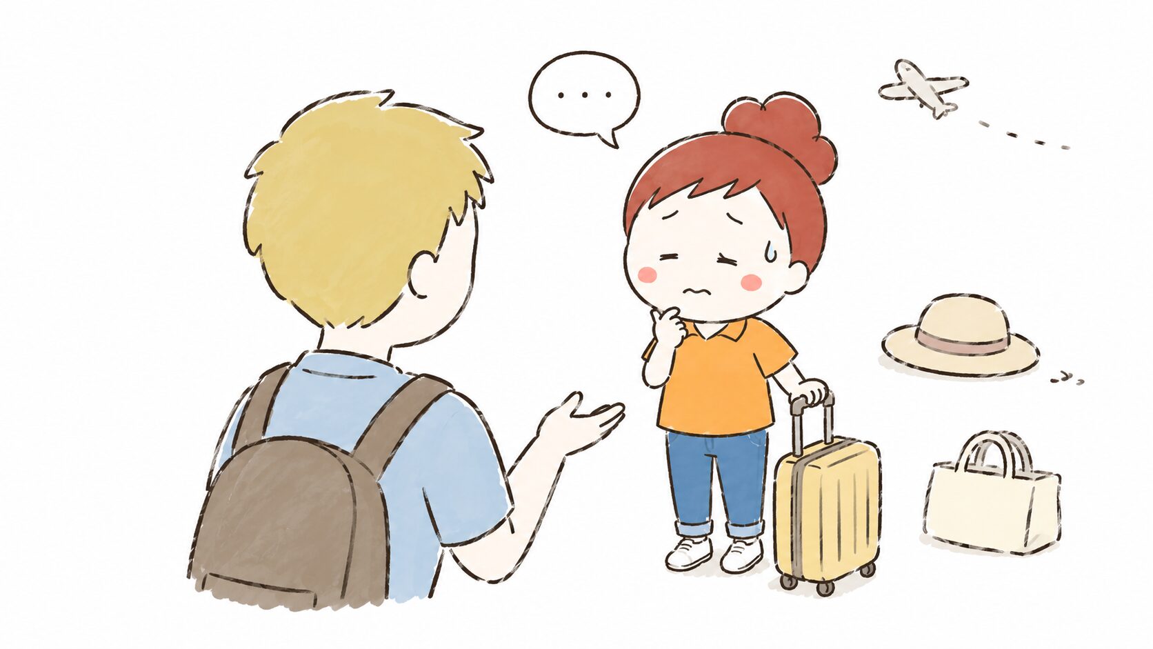 旅先で外国人に英語で話しかけられ、うまく話せず困っている様子
