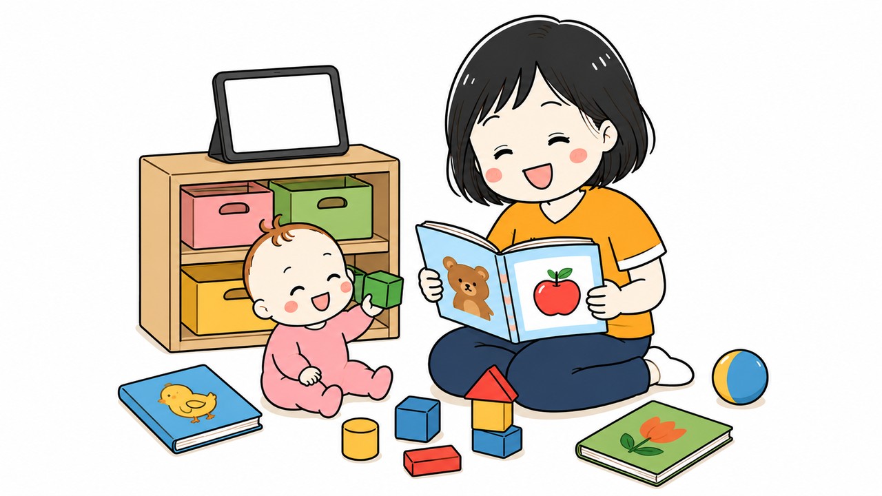 タブレットの電源を切って、赤ちゃんと英語の絵本や積み木で遊ぶ様子
