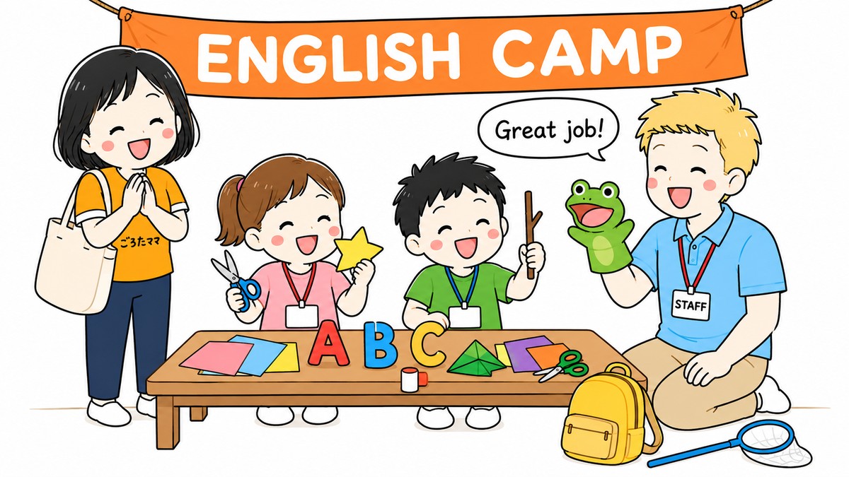 英語キャンプで、外国人スタッフと子どもたちが工作を楽しんでいる様子