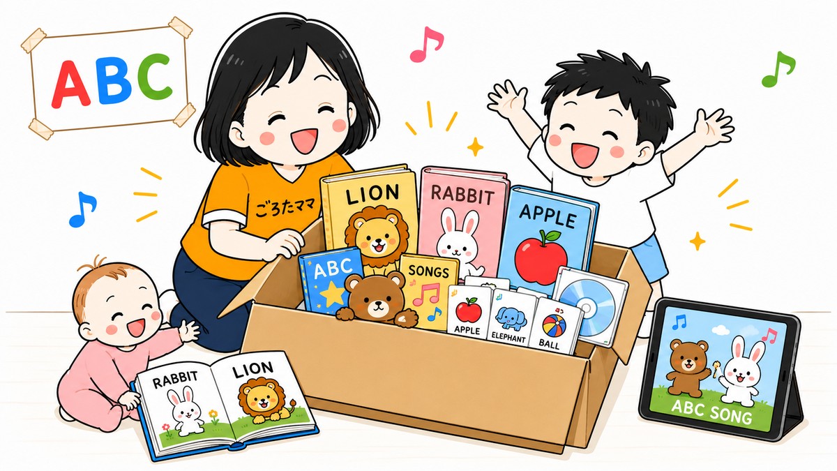 届いた英語教材の箱を開けて、英語の絵本やDVD、単語カードを見て親子が喜んでいるイラスト