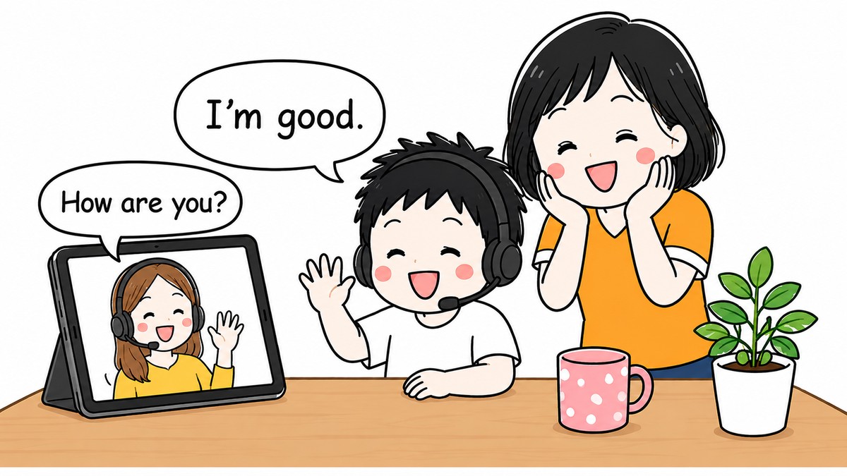 ヘッドセットをつけた息子が、タブレットで外国人講師とオンライン英会話のレッスンを受けている様子