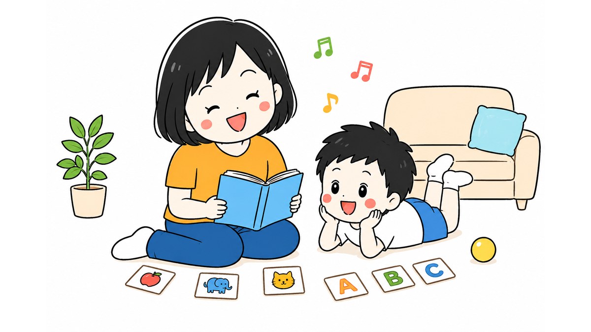 親子で絵本やカードに触れるおうち英語の始め方のイラスト