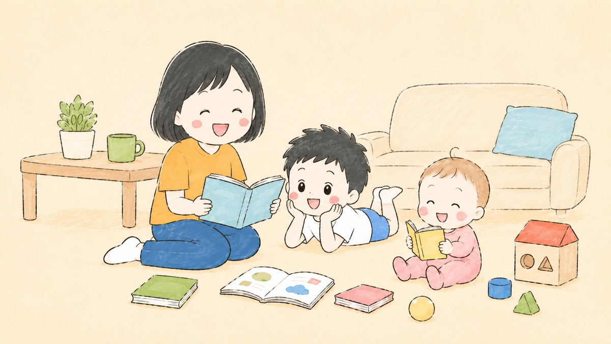 親子で絵本を読むおうち英語のイラスト