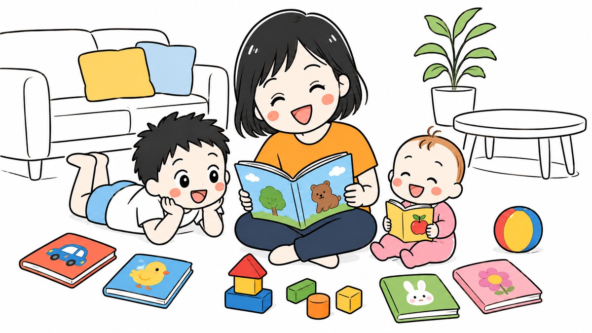 親子で絵本を読むおうち英語のイラスト