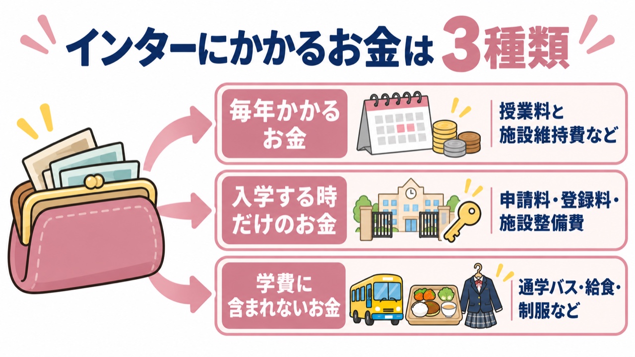 インターナショナルスクールにかかるお金は3種類。毎年かかるお金、入学する時だけのお金、学費に含まれないお金
