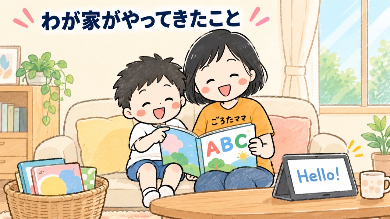 ごろたママと息子がリビングで英語の絵本を読んでいるイラスト