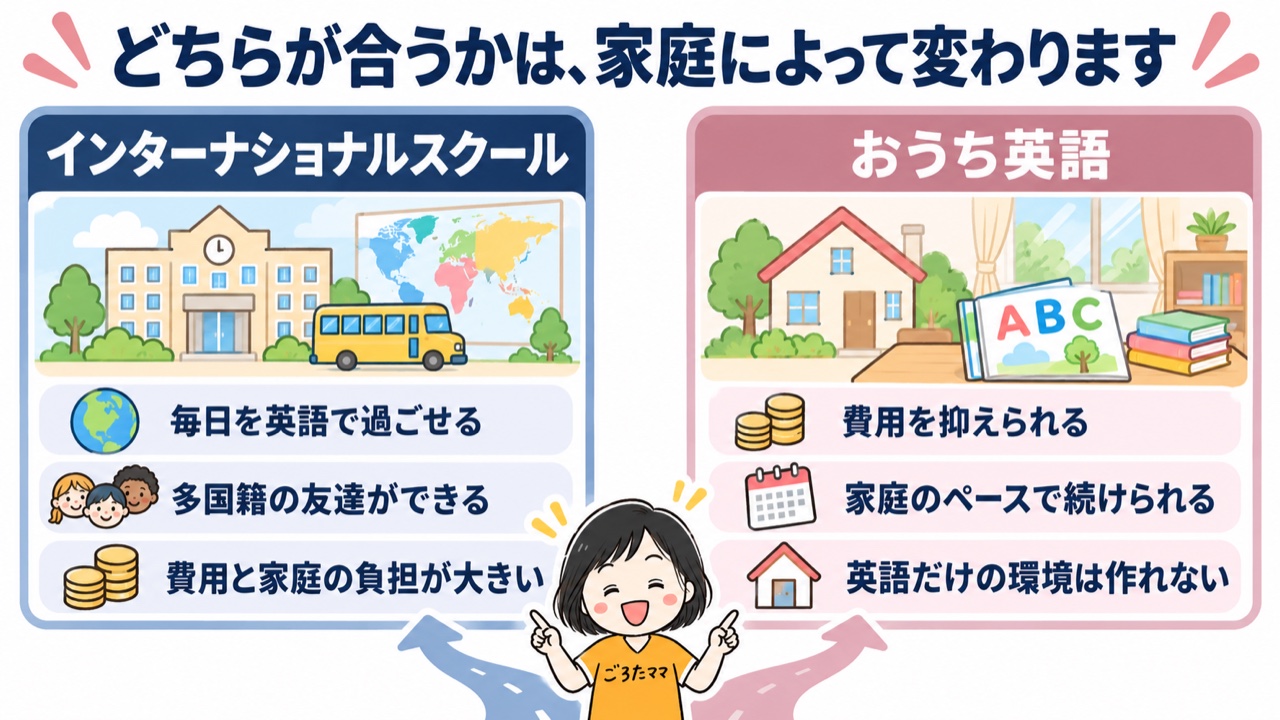 インターナショナルスクールとおうち英語の比較図。それぞれの特徴を3つずつ並べている