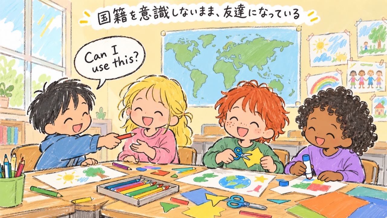 教室で国籍の違う子どもたちが一緒に工作をしているイラスト。国籍を意識しないまま友達になっている様子