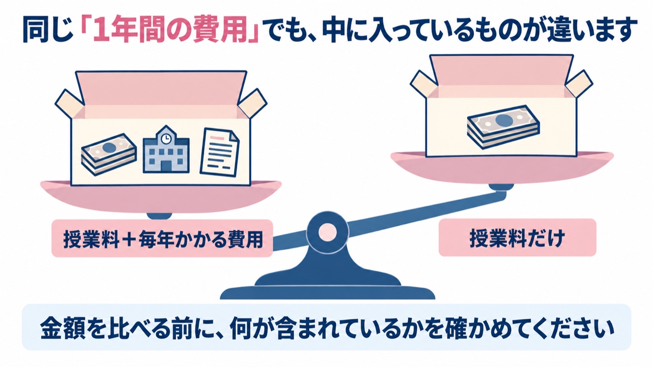 同じ1年間の費用でも、金額に含まれているものが学校によって違うことを天秤で表した図