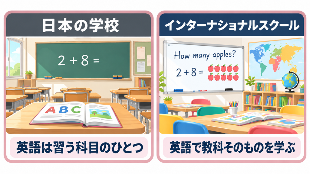 日本の学校とインターナショナルスクールの授業の違いを比べた図。日本の学校では英語は習う科目のひとつ、インターでは英語で教科そのものを学ぶ