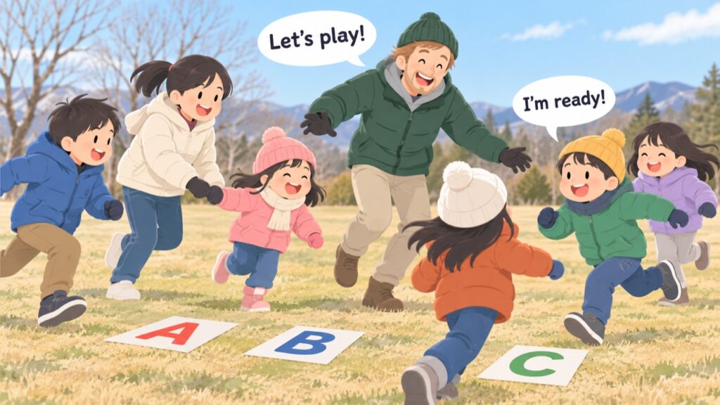 冬の広場で英語のゲームをして遊ぶ小学生向けイングリッシュキャンプ