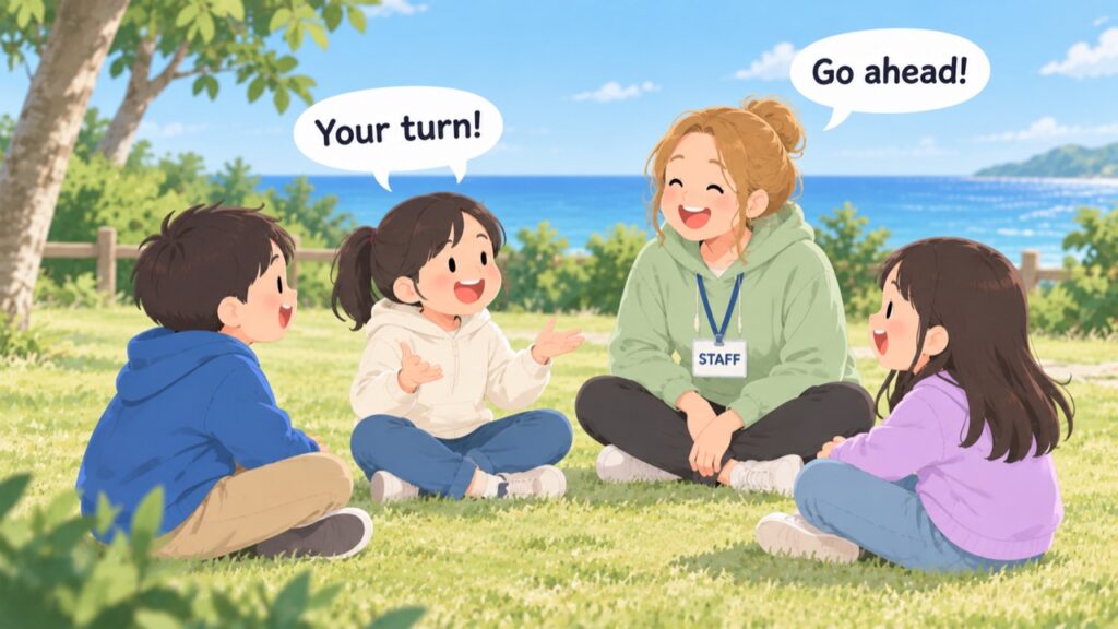少人数で輪になって英語で話す小学生向けイングリッシュキャンプ