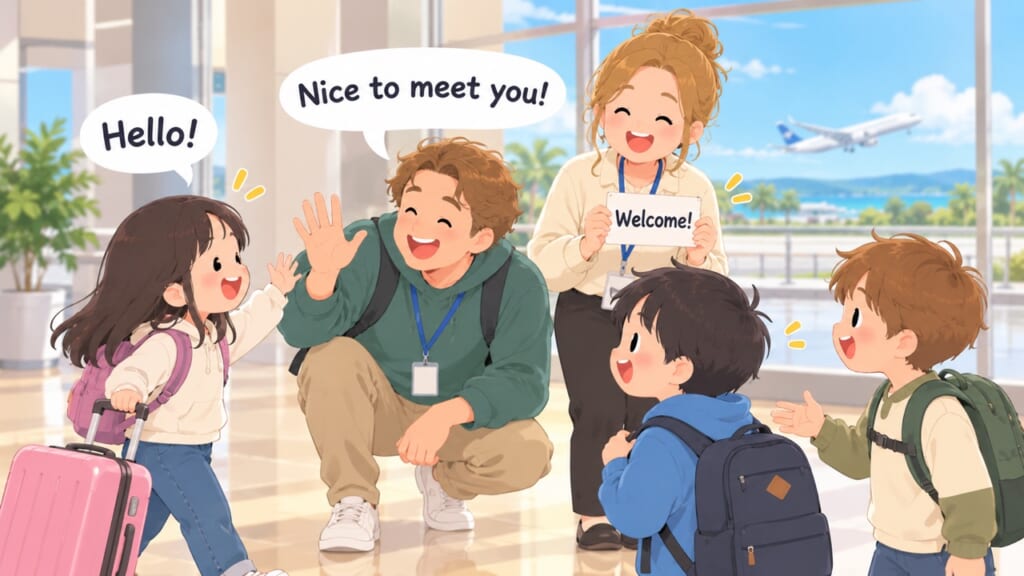空港でスタッフの出迎えを受ける小学生向けイングリッシュキャンプ