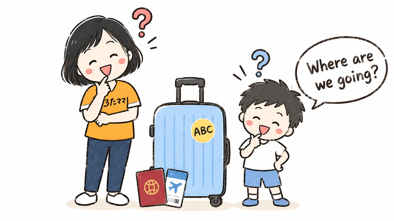 海外英語キャンプに申し込む前に、スーツケースの横で疑問を浮かべる親子